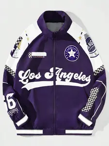 Men's Fall Essential Jacket with Letter Pattern, Vintage Style, Simple Design, Comfortable and Durable, Casual Fit, Perfect for Campus Activities