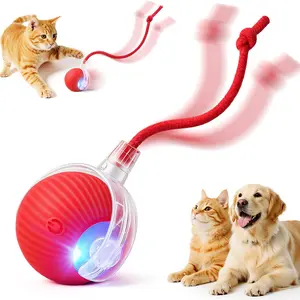 Interactive Smart Pet Chase Ball Red Automatic Rolling Moving Rechargeable Toy for Cats & Dogs with Speedy Tail Rope Indoor Enrichment