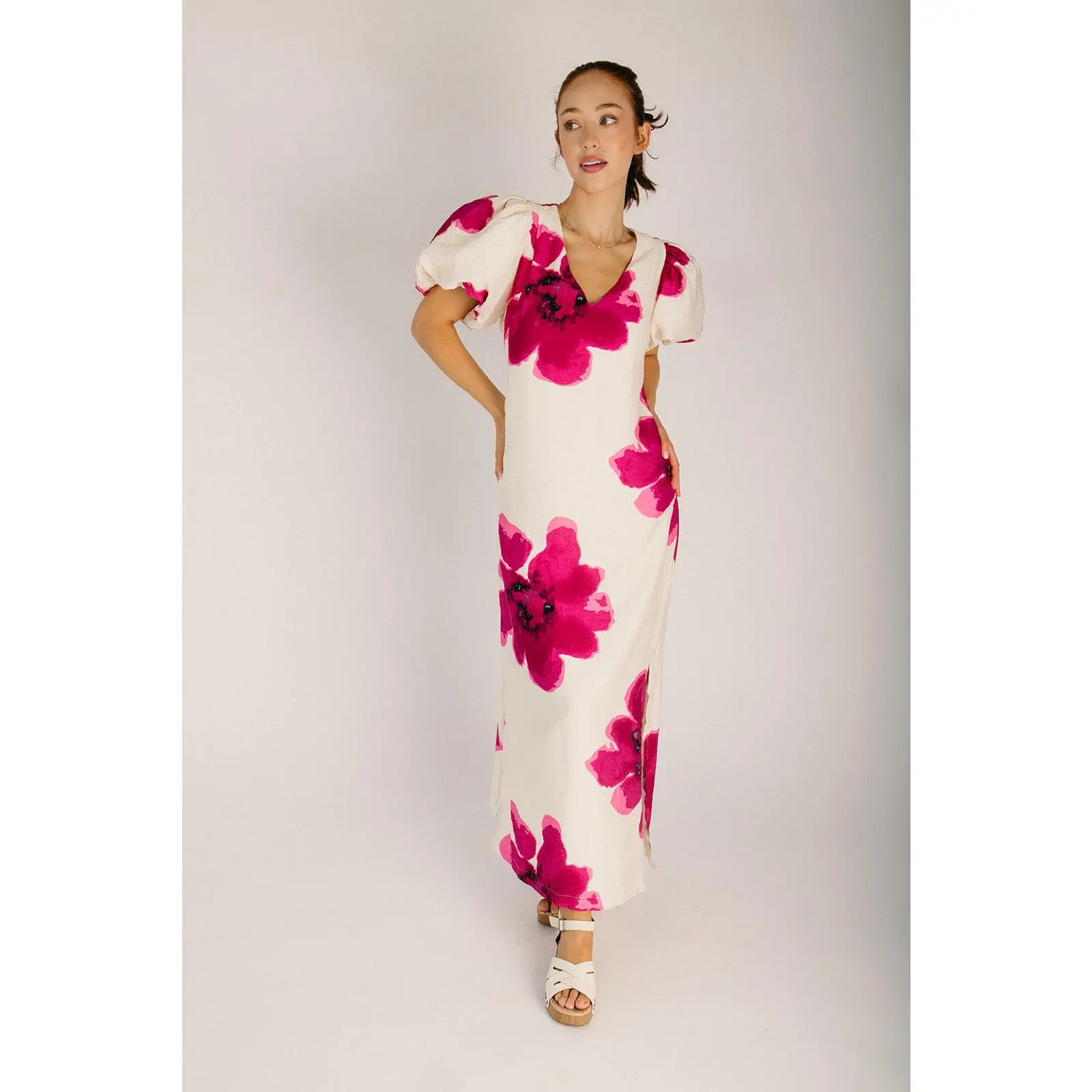 The Rogan Puff Sleeve A-Line Maxi Dress in Fuchsia