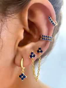 5Pcs Elegant 24K Gold Plated Cubic Zirconia Chain Stud Earrings Set For Women Blue Zircon Hoop Earrings Pack Flower Drop Dangle Earrings Stack