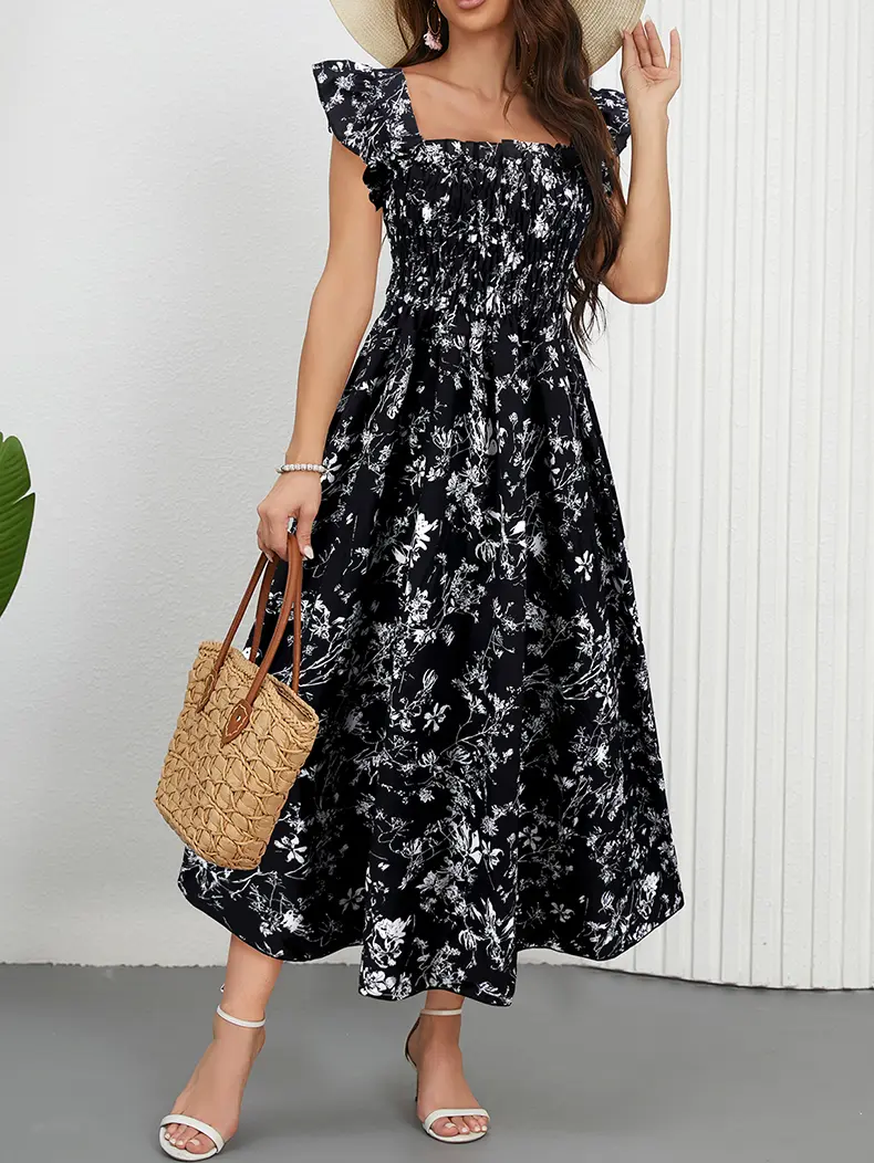 Women's Smocked Floral Midi Dress - Flutter Sleeve Flowy Square Neck Sundress, Lightweight Cottagecore Aesthetic Dress, Modest Everyday Vacation Outfit, Stretchy Bump Friendly Spring & Summer Wear Blue Casual