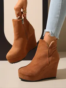 Women's Warm Fleece Lined High Heel Wedge Short Boots, Slip on Side Zipper Design, Perfect for Sports