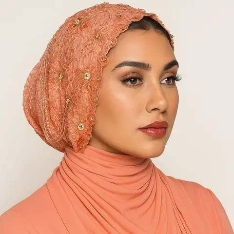 Beaded Embellished Veil in Soft Coral with Cristal Beads for Elegance and Style