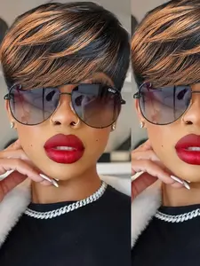 1B/30 Color Straight Human Hair Wig for Women Pixie Cut Wig Full Machine Made Wig High Density 150% Density 6 Inch Full Machine Wigs
