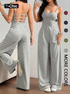 Women's Solid Basic Backless Pleated Cami Jumpsuit, Casual Sleeveless Square Neck Wide Leg Jumpsuit for Summer, Women's Jumpsuit for Daily Wear