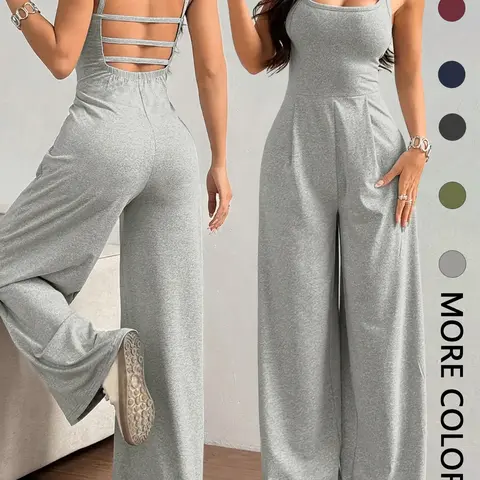 Women's Solid Basic Backless Pleated Spaghetti Strap Cami Overalls Jumpsuit, Casual Fitted Sleeveless Square Neck Wide Leg Jumpsuit for Summer, Women's Jumpsuit for Daily Wear
