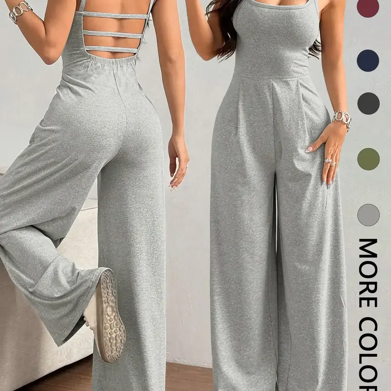 Women's Solid Basic Backless Pleated Spaghetti Strap Cami Overalls Jumpsuit, Casual Fitted Sleeveless Square Neck Wide Leg Jumpsuit for Summer, Women's Jumpsuit for Daily Wear