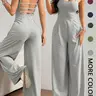 Women's Solid Basic Backless Pleated Spaghetti Strap Cami Overalls Jumpsuit, Casual Fitted Sleeveless Square Neck Wide Leg Jumpsuit for Summer, Women's Jumpsuit for Daily Wear