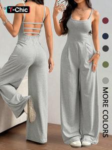 women's solid backless plicated cami jumpsuit, casual sleeveless spaghetti strap square neck wide leg jumpsuit for summer, women's spaghetti strap jumpsuit for daily wear, womenswear