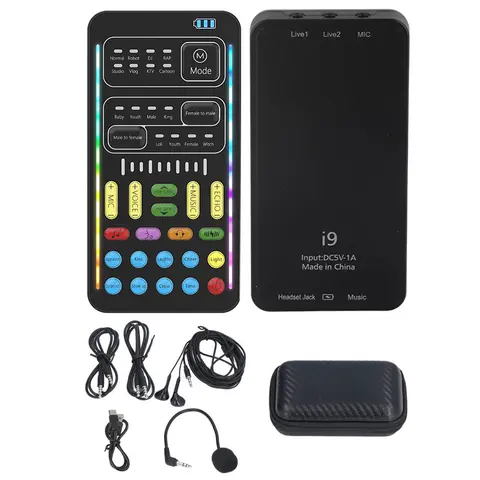 i9 3.5mm Interface Sound Card Voice Changer with LED Lights, 16 Options, 8 Built-in Sound Effects (Applause, Fright, Kiss), Fun Changes, Male-Female & Magic Tones, Pranks Use, Multi-Platform Support for Smartphones (iOS, Android), PC, PS4-PS5-Xbox