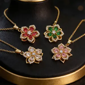 Stress-Relieving Rotating Five-Petal Flower Pendant Necklace, Copper 18K Gold Plated Rotating Flower Pendant, CZ Stone Relieving Anxiety Flower Necklace