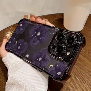 Electroplated Four Corner Anti-Fall Gorgeous Purple Camellia Pattern Phone Case for iPhone 16 Pro Max 15 Plus 14 13 12 11 E Shockproof Transparent Protective Cover