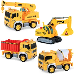 Vokodo 4 Pack Construction Squad Vehicle Bundle Toy Playsets, Friction Power Vehicles with Light and Sound, Includes Crane, Dump Truck, Excavator Car, Cement Mixer, Pretend Play Toys Toddler Kids Boys