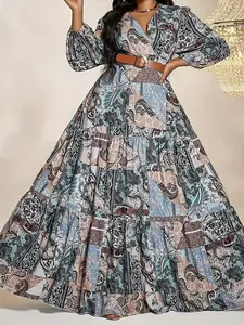 Women's Plus Size Fashion Elegant Printed Dress, Loose-Fitting Midi Dress, Three Quarter Sleeves, Woven Fabric, All Seasons