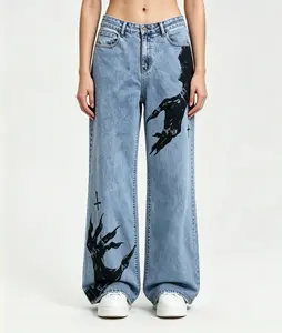 Dark Demon Claw Cross Wide Leg Jeans | Durable DTG Direct-To-Garment Print Gothic Rock Street Denim