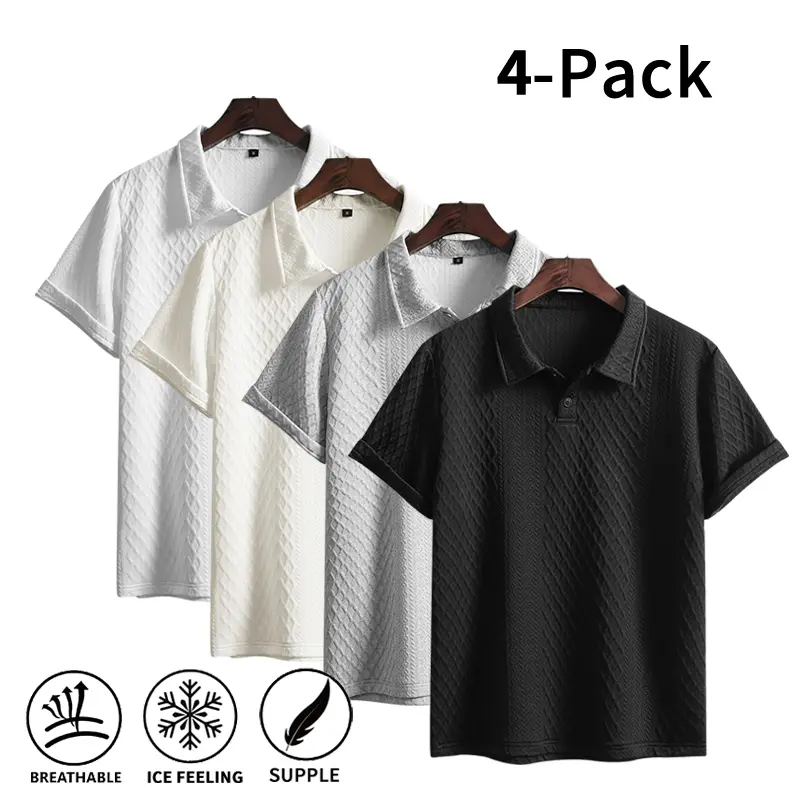 4 Pack Men’s Ice Feel Textured Polo Shirts, Breathable Supple Knit Tops, Wrinkle Resistant Black & White for Summer Casual & Business Wear