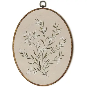 EGVQK Vintage Floral Oval Wall Art, Farmhouse White Flower Framed Canvas Prints Wall Art, Neutral Botanical Wildflower Oval Canvas Hanging Wall Decor for Home Bedroom Room Decorations,