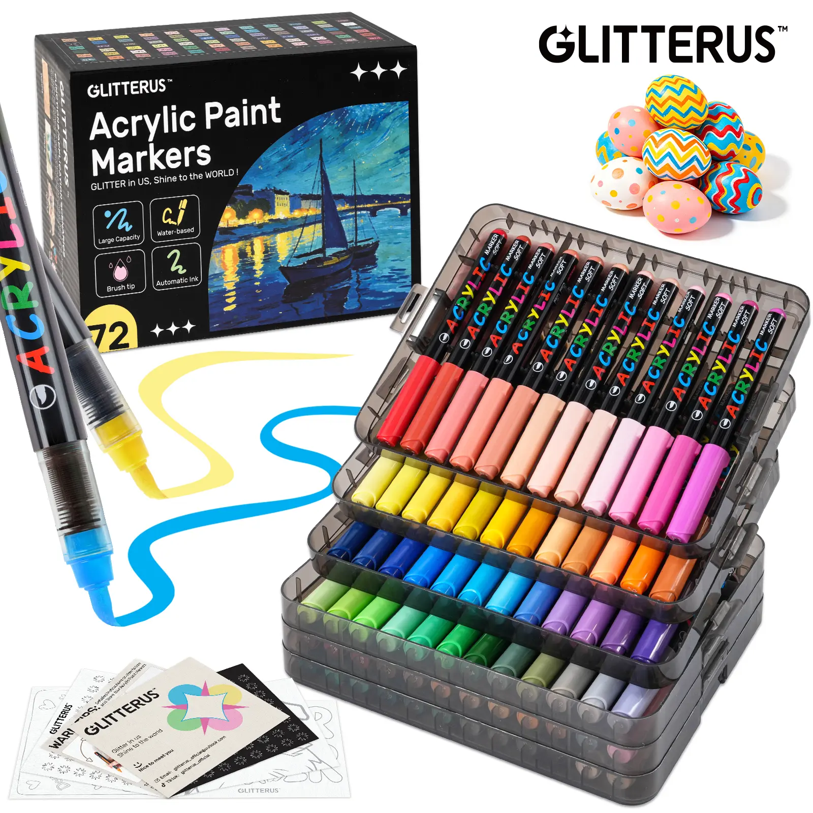 Glitterus Acrylic Paint Markers Set (36/48/72 Colors, Stackable Box) - Automatic Ink Control, Waterproof Flexible Tip, High-Opacity Lightfast Colorful Art Supplies, Layering Capable, Craft Supplies for Adults, Art for Kids, sohochic
