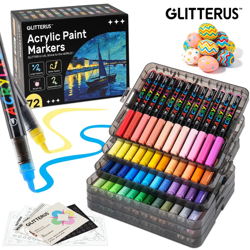 Glitterus Acrylic Paint Markers Set (36/48/72 Colors, Stackable Box) - Automatic Ink Control, Waterproof Flexible Tip, High-Opacity Lightfast Colorful Art Supplies, Layering Capable, Craft Supplies for Adults, TikTokShopFallDealsForYou, Halloween
