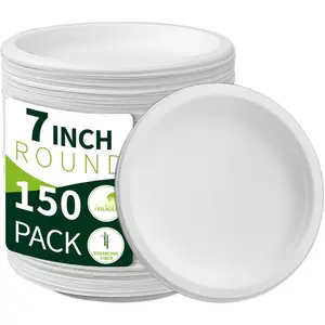 7 Inch Compostable Paper Plates ?White 150 Pack?,  Sugarcane Bagasse Small Dessert Plates, Bulk Disposable Plates, Sturdy Heavy Duty,  Dinnerware for Party, Picnic, BBQ