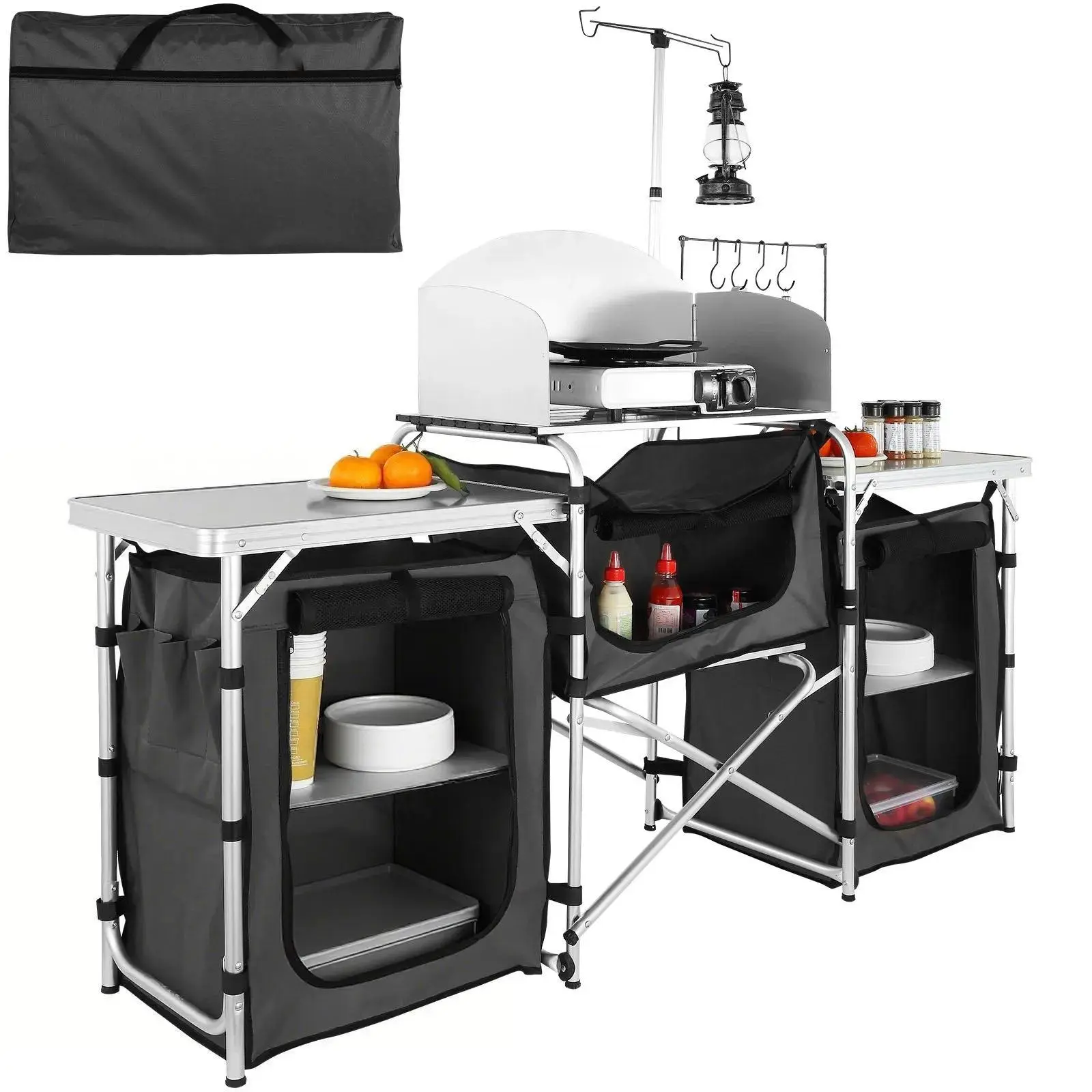 Folding Camping Kitchen Table with 3 Storage Cupboards & Detachable Windscreen, Portable Outdoor Aluminum Cook Station with Zippered Compartments & Tool Hanging Hooks, Tool-Free Quick Setup Cooking Table with Carry Bag for BBQ Picnic RV Travel