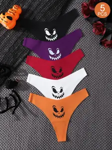 Women's Seamless Halloween Print Thong Panties, Sexy Drop Waist Underwear, Slim-Fitting Daily Wear, 5 Pcs Set, All Seasons, Seamless Knickers