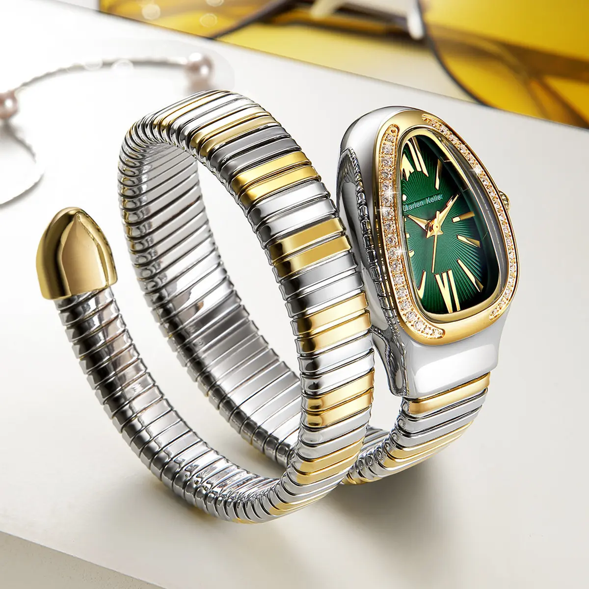 Snake Design Watch for Women |   Ion Plating Stainless Steel & Crystal Accent Quartz Movement |   Fashion Jewelry with Adjustable Chain |   Viral Luxury Accessories Gold Plated Luxury Ladies Watch Rhinestone Decorated Round Dial Watch