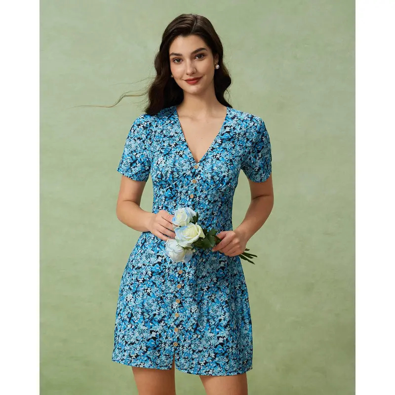 Blue floral mini dress high neck - TikTok Shop