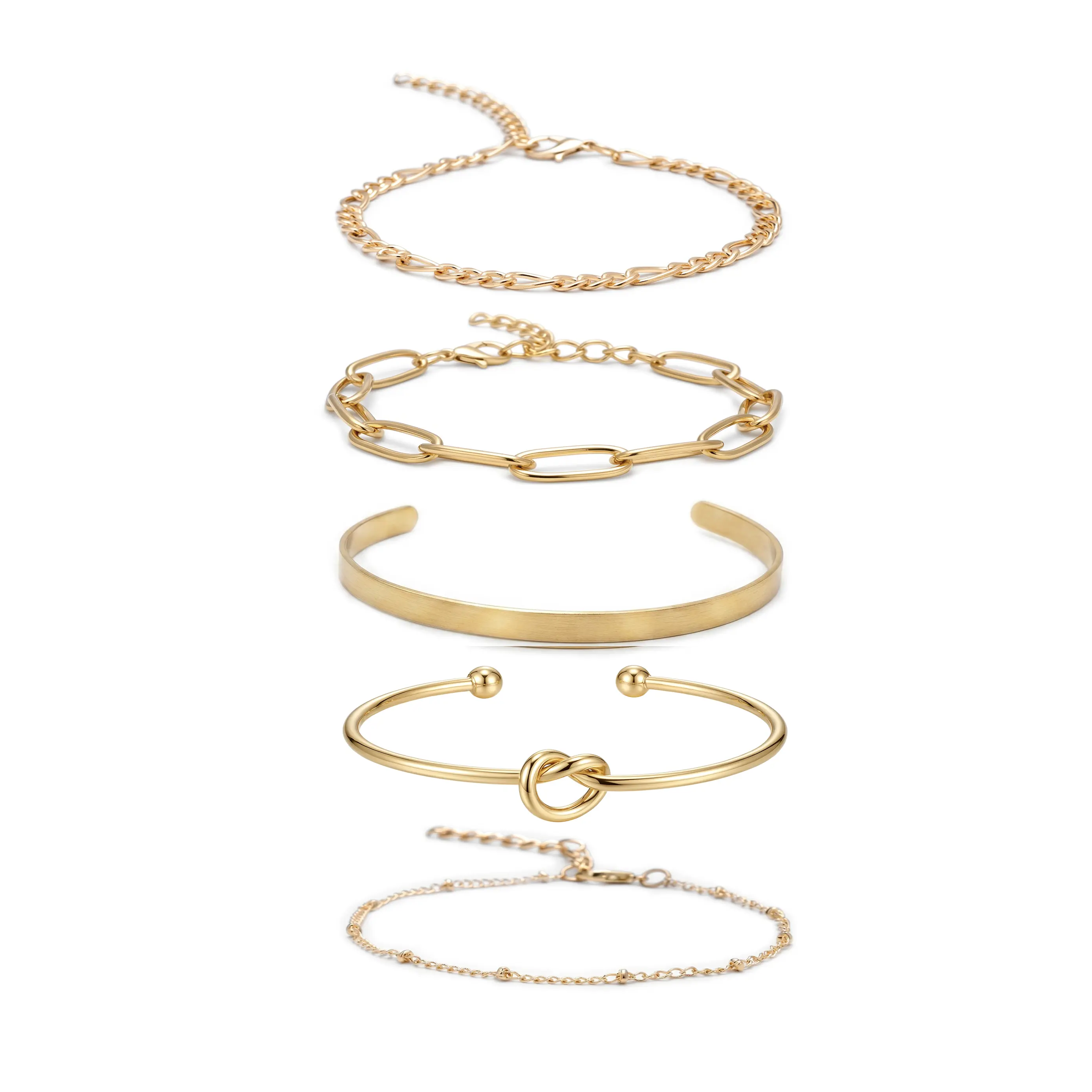 5 PCS Gold Bracelets Set for Women, Bracelet with Non Tarnish, Waterproof 14K Gold Plated Stackable Gold Bracelets for Women Trendy Fashion Accessories Paperclip Chain Bracelet, Knot Bangle, Cuff Bracelet, Cuban Link and Jewelry Gifts for Mom Birthday