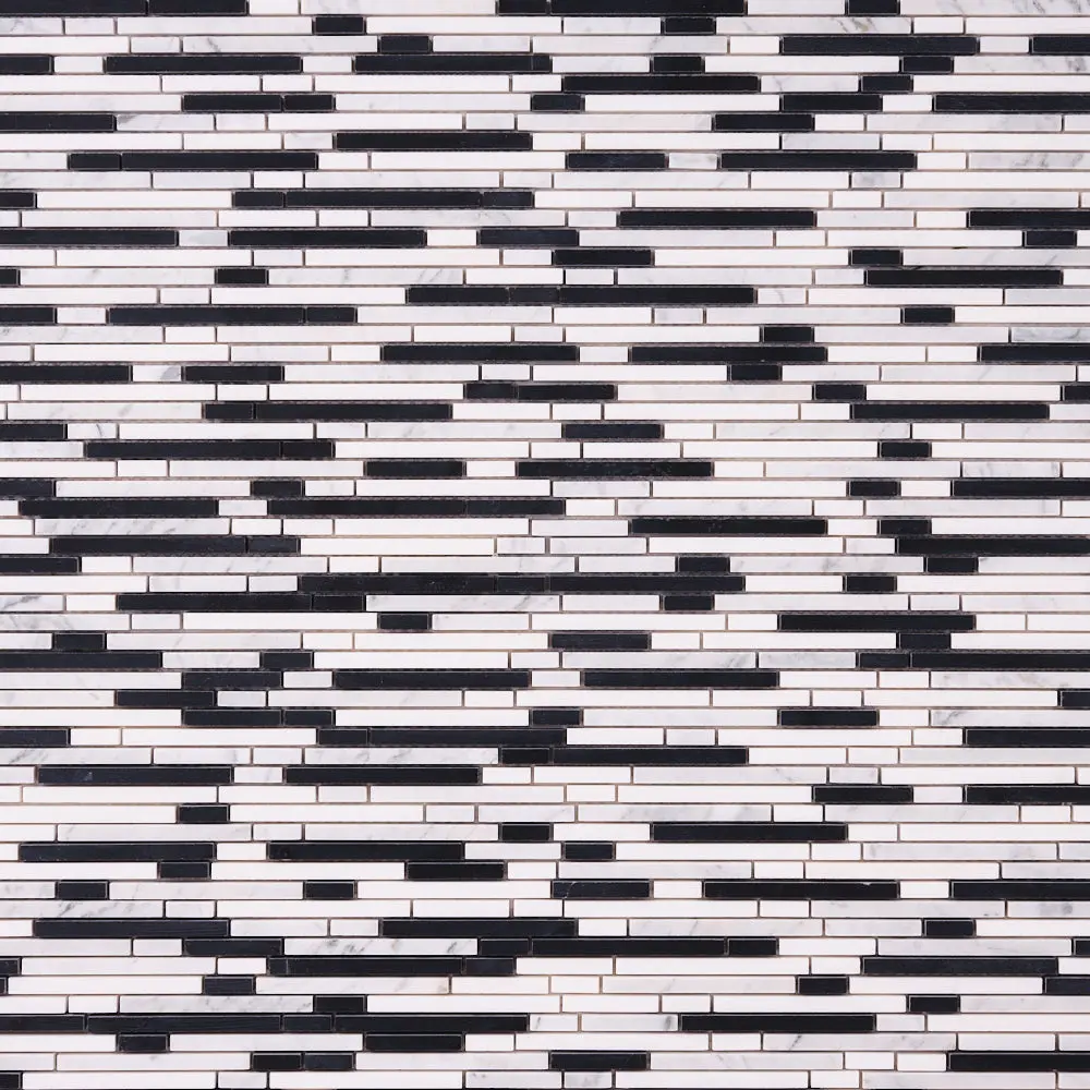 Thassos White + Carrara + Black 12x 12 Polished/Honed Marble Random Strips Tile Sample