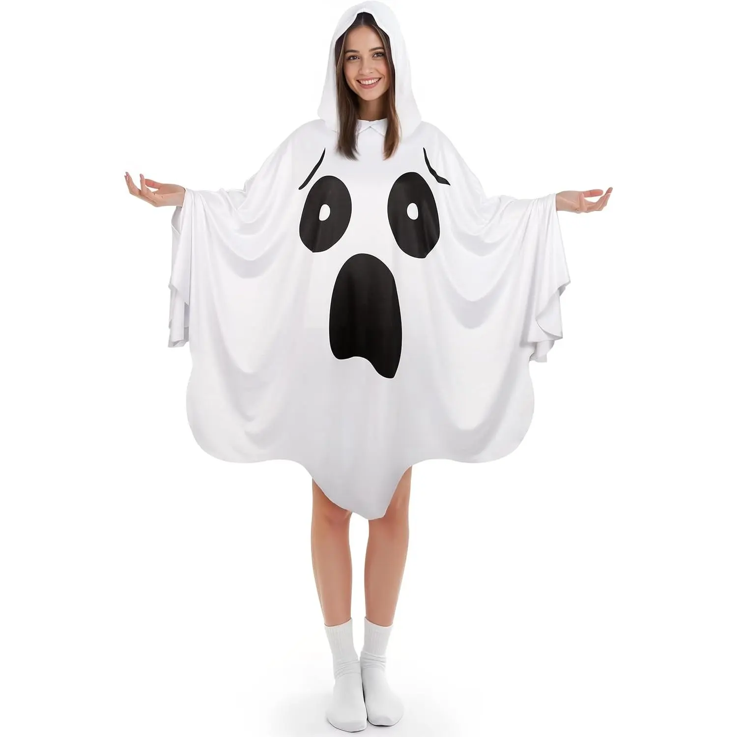 White Ghost Hooded Poncho - Adult Spooky Halloween Clothes for Women, Loose-Fit Slip-On Festive Party Accessory (TikTok Shop Black Friday Deal)