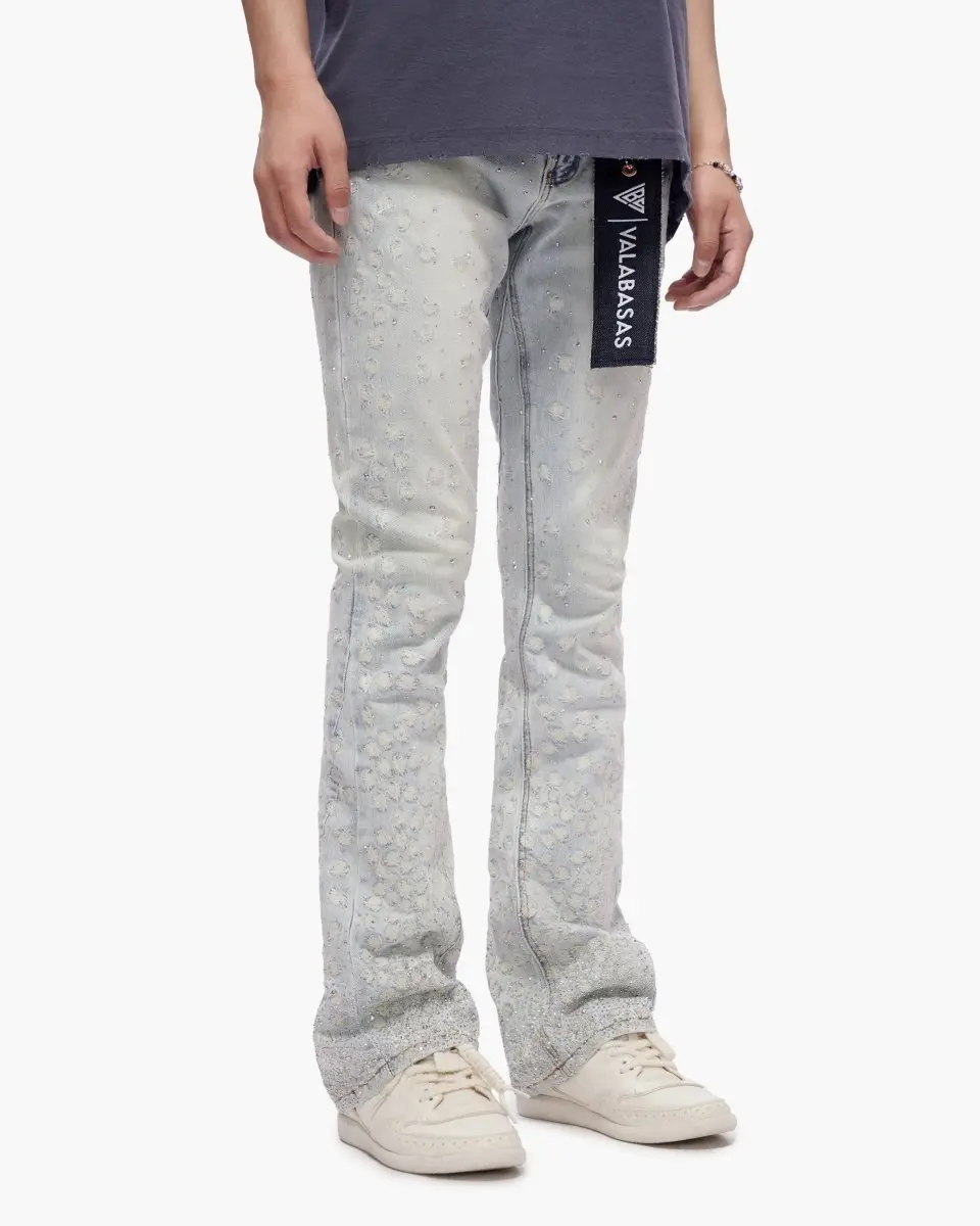 Menswear Canite Stacked Denim Jeans, Light Blue Wash, Cotton-Spandex Fabric, Textured Design, Pants, Stretch