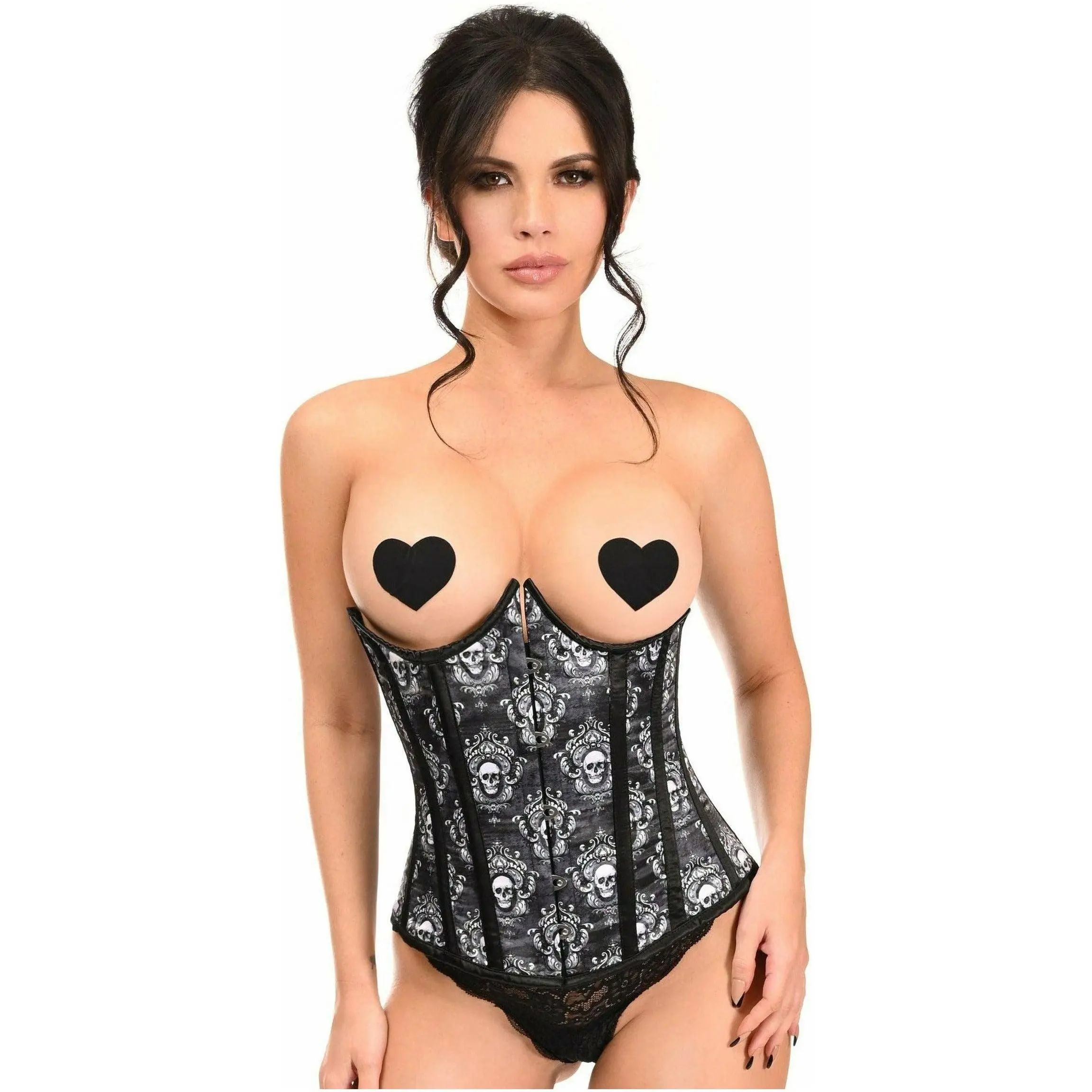 Lavish Black Skull Print Underwire Open Cup Underbust Corset
