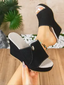 New Thick Sole Wedge Sandals, Velvety Fish Mouth Slip-On, Comfortable Summer Shoes, Plain Textile Upper, Rubber Sole, Women's Fashion Footwear, Flexible Sandals