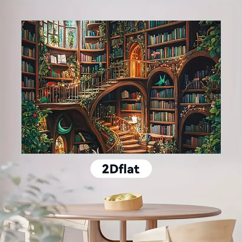 2D Flat - 2D Flat - A 2D Flat Tapestry for Home Decoration, Featuring a Library Backdrop Brimming with Creativity, Complete with Books, Plants, And Arched Stairs