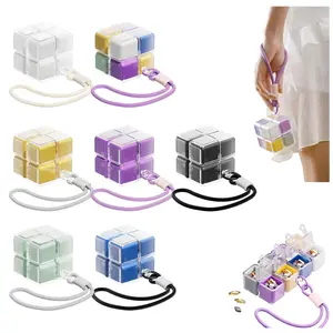 Magnetic Cube Travekl Pill Organizer - 8 Compartments, 7-Day Supplement Organizer with Wristband, Cute Portable Vitamin Case for Daily