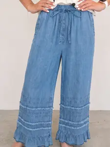 Women's Dusk Blue Ruffled Hem Wide Leg Chambray Pants, Women’s Lightweight Cotton Denim Culottes, Comfortable Elastic Waist Wide Leg Jeans, Casual Boho Flowy Pants with Ruffle Detail for Beach Vacation and Daily Summer Wear