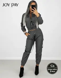 JOYPAY Women's 2-Piece Activewear Set - Long Sleeve Zip-Up Jacket, Cargo Jogger Pants with Cargo Pockets, Fitted Cut, Polyester Blend for Urban Casual & Active Use, All-Season Woven Clothing