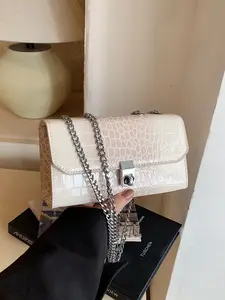 Trendy New Women's Shoulder Crossbody Chain Small Square Bag, Pure Color PU Crocodile Texture, Elegant Metal Lock Flap Closure, Crossbody Clutch, Stylish Crossbody