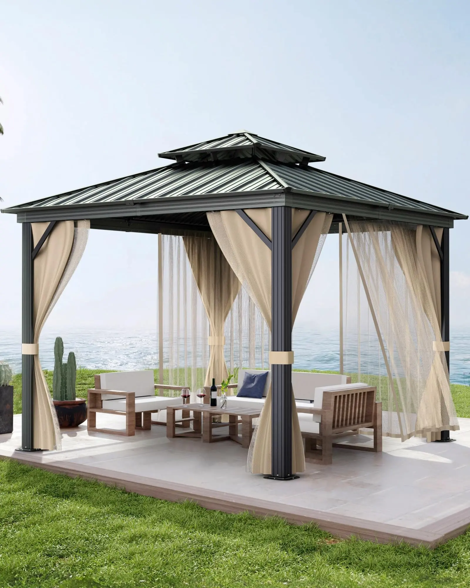 GARVEE Hardtop Gazebo 10'x10' for All Weather, with Double Metal Roof, Aluminum Alloy Frame, Net, and Curtain, Permanent Building for Patio, Deck, Backyard, Lawn, and Garden, Khaki