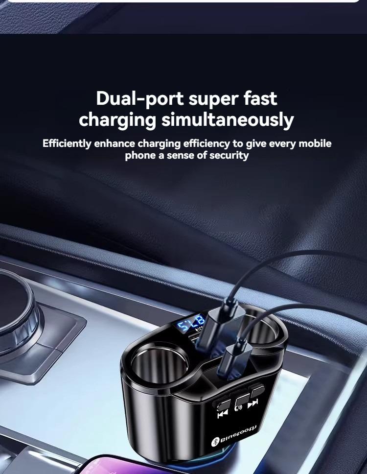 GYIOEUPT 7-in-1 Automotive Fast Charging Solution - 66W 1-to-2 Splitter Power Charger, Smart Car Charger with FM/MP3 Transmitter, Voltage Display, 12-24V DC Input, Expansion Port, Retractable Dash Mount, USB Car Connector, Anti-Lost Function