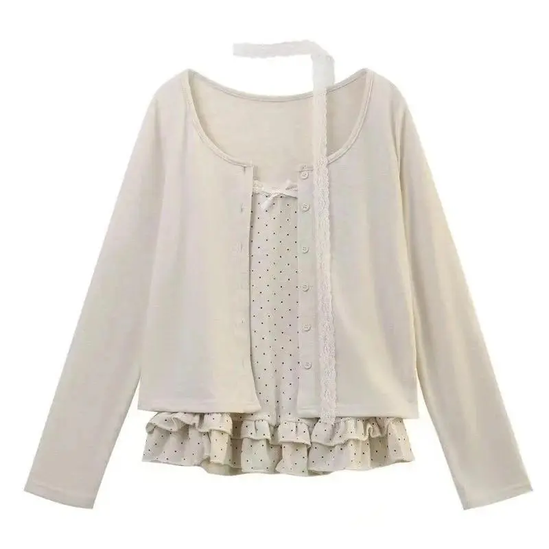 Women Korean Fashion Coquette Shoujo Girl Ballet Core Top Set 2000s Aesthetic T-Shirt Long Sleeve Tee Gyaru Design Vintage