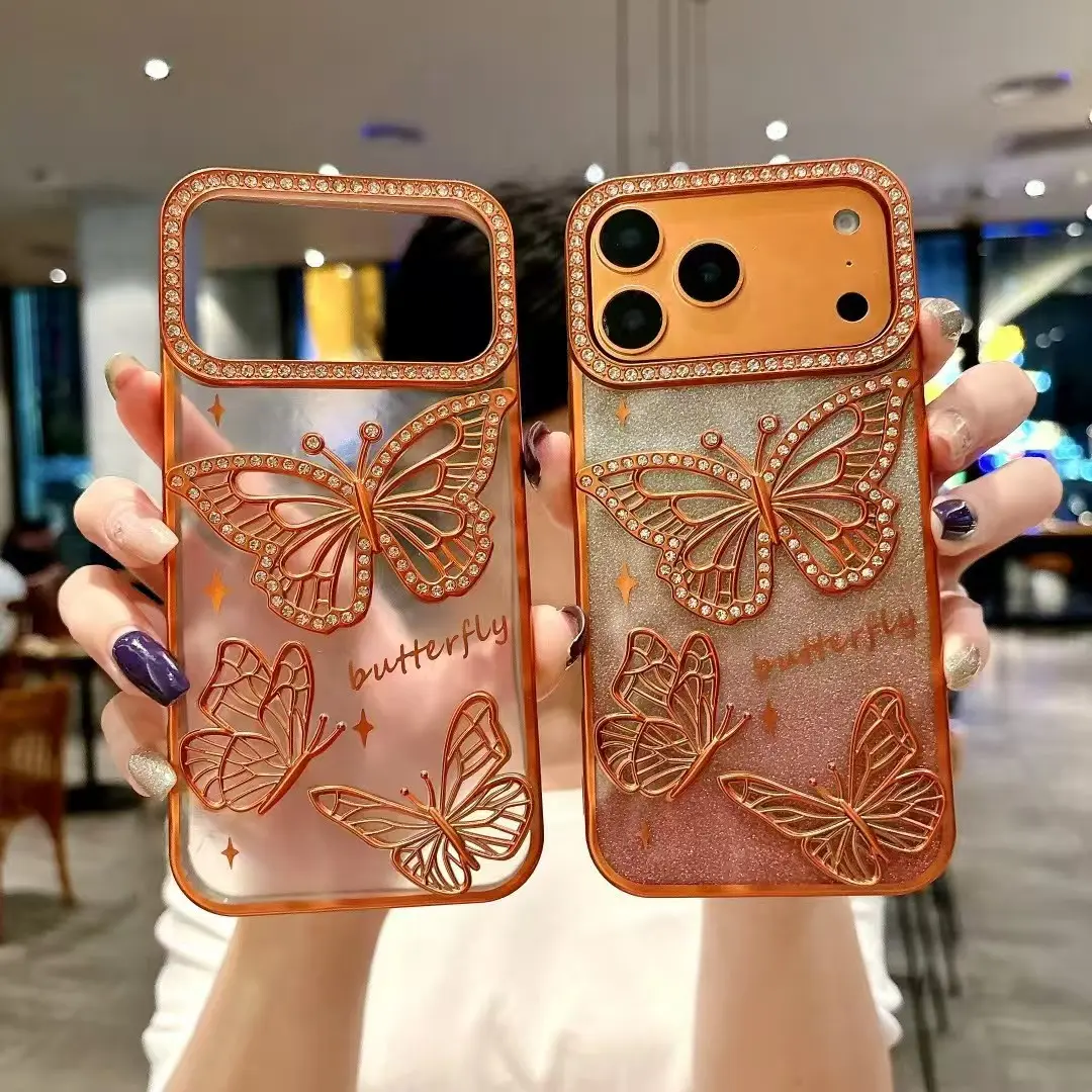 Butterfly Pattern Aesthetic Cellphone Case, Rhinestone Decor Smartphone Protective Cover, Protector, Phone Accessory, Casing Compatible with iPhone 17 16 Pro Max 15 14 13 12 Electroplated sparkling diamond inlaid butterfly shaped protective shell
