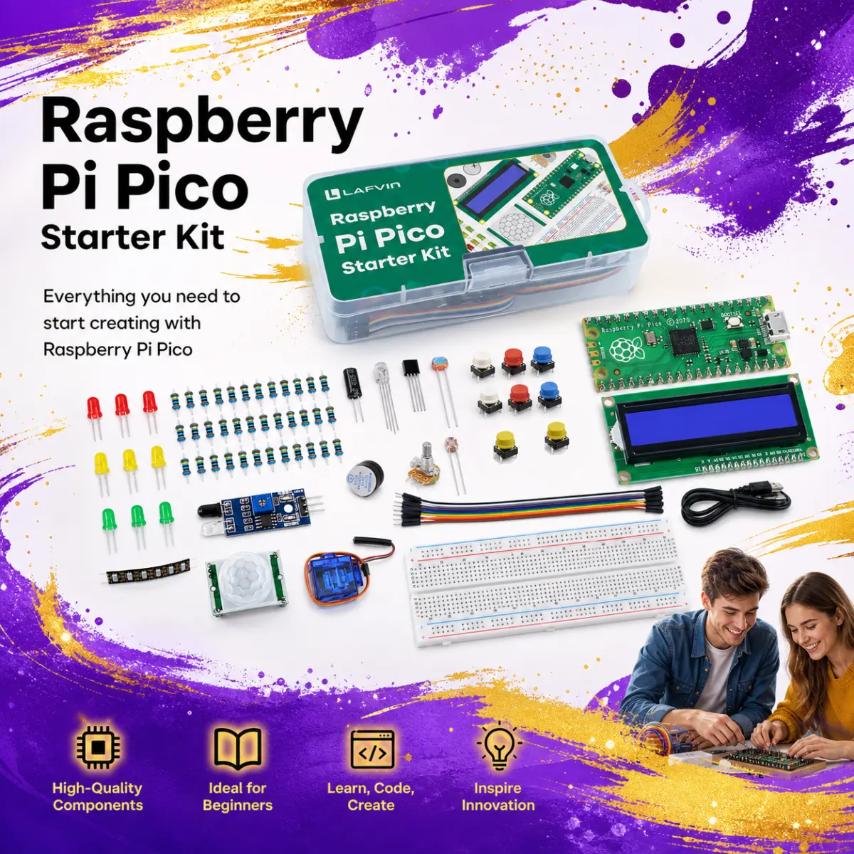 Raspberry Pi Pico Starter Kit for Beginners with RP2040 Board, LCD1602 Display, Servo Motor, Sensors, Breadboard & Step-by-Step Tutorial – No Experience Needed, Learn Coding & Electronics