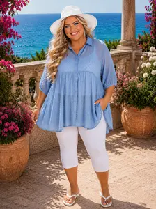 39 SQ-E {Bring On The Fun} Umgee Dusty Blue Swiss Dot Tunic PLUS SIZE XL 1X 2X