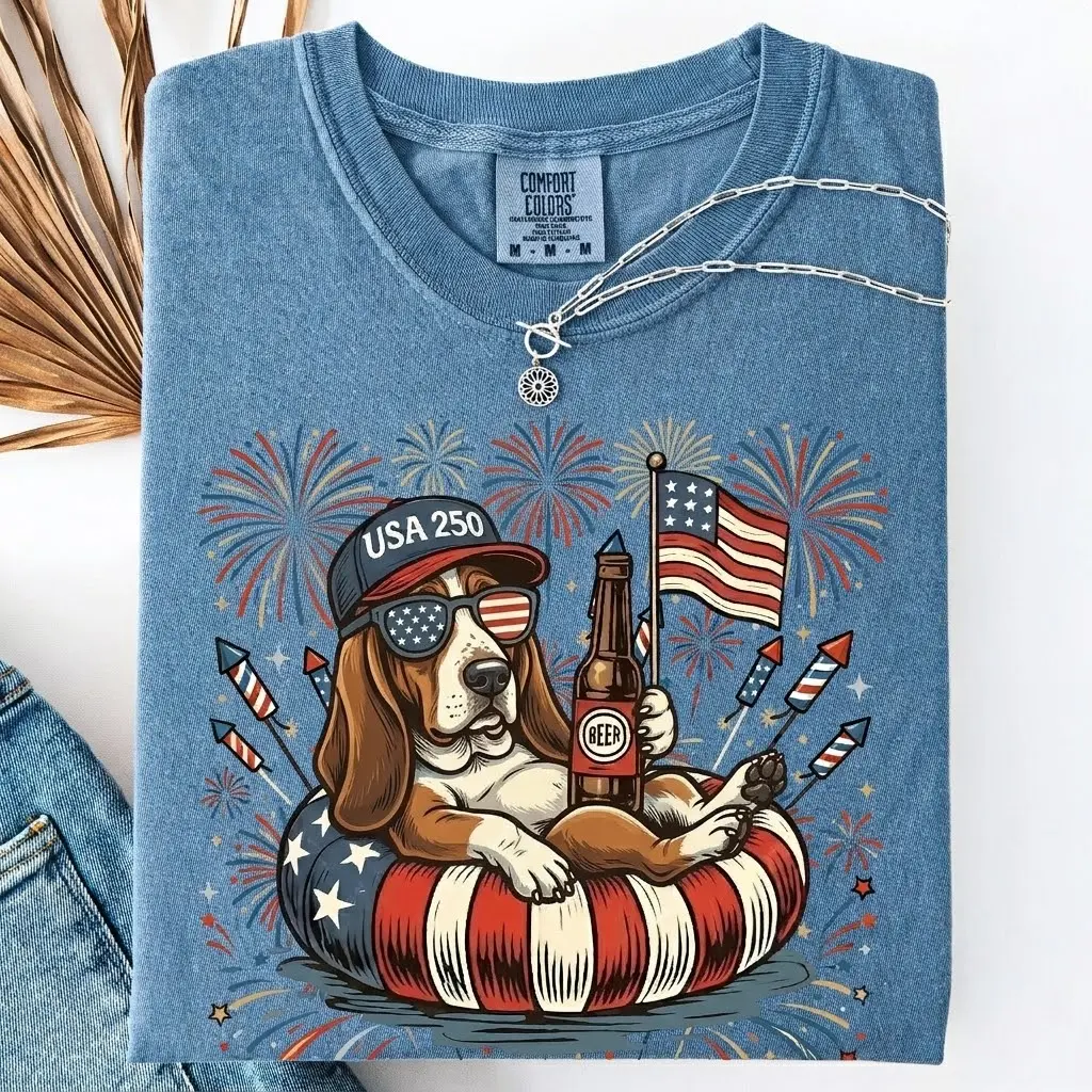 Comfort Colors Patriotic Basset Hound 4th of July T-Shirt | USA 250 Vintage Beer Dog Tee