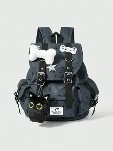 CYX Punk Style Cat Paw Print Bone Star Colorblock Multi-Pocket Backpack, Fashion Casual Unisex Large Capacity Bag for Commuting School, Casual Printed Backpack
