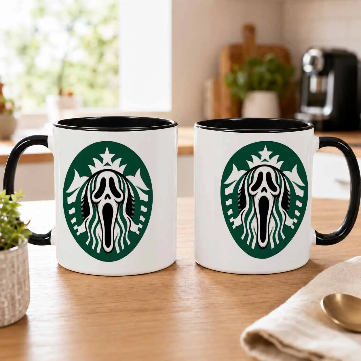 Horror Skull Ceramic Coffee Mug - 11oz/15oz Durable Printed Drink Cup, Spooky Masked Ghostly Face Graphic, 8.5cm Diameter, Dishwasher Safe, Ideal for Halloween Party, Cafe Use & Movie Fan Gift