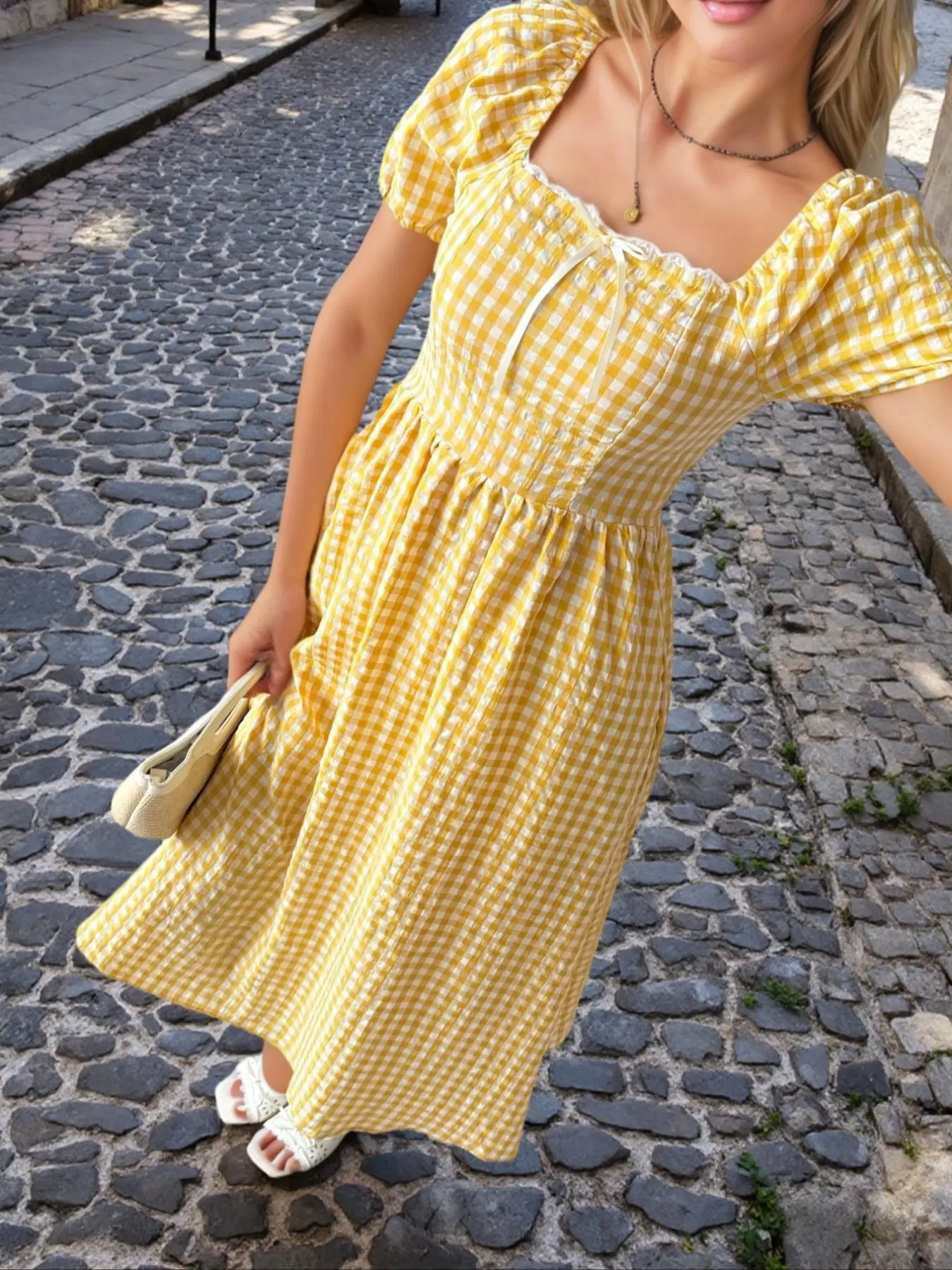 French Countryside, Vintage Vacation, Cottagecore, Casual Boho Fashion Woven Yellow Gingham Dress | Square Neck Puff - Sleeve Smocked Midi Dress
