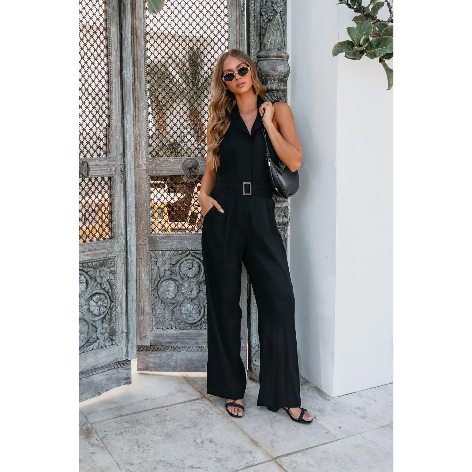 Black Belted Halter Linen Jumpsuit - FINAL SALE